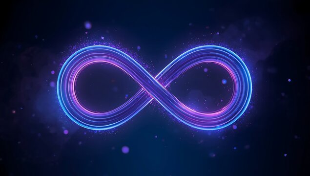 Glowing neon infinity symbol emanating cosmic energy against a dark starry background - Powered by Adobe