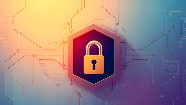 Golden padlock on a red hexagon with circuit board lines background