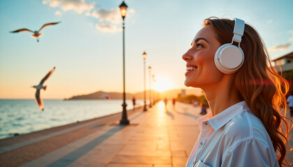Smiling lwoman enjoying music by serene beachfront at sunset, joyful essence