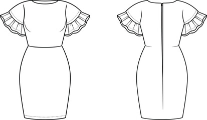 Elegant women’s fitted dress fashion flat sketch, ruffle sleeve pencil dress design, technical drawing, apparel CAD illustration for designers and pattern makers
