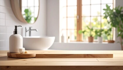 Bathroom counter with a dispenser and plants in sunlight.