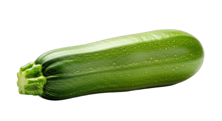 A single fresh green zucchini vegetable isolated on a black background with water droplets and a textured peel