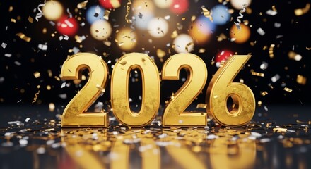 Golden 2026 New Year Celebration - Celebrate new beginnings! The golden 2026 numbers sparkle with confetti, symbolizing prosperity, joy, hope, success, and fresh opportunities