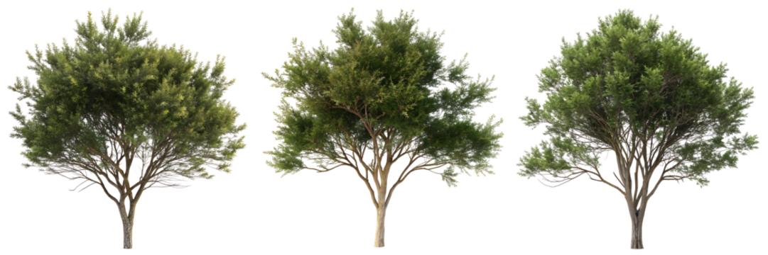 Three trees display distinct shapes and leaf patterns, highlighting their unique characteristics. This scene captures the beauty of nature in sunlight, ideal for nature enthusiasts.