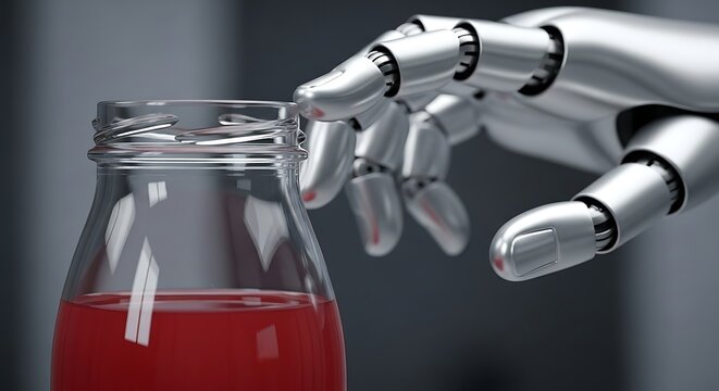 Robotic hand gently reaching for a glass bottle filled with a vibrant red liquid, highlighting advanced automation in liquid handling and industry