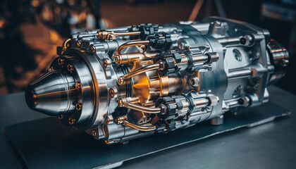Close-up of a complex, intricately designed metal engine component with various pipes and connections, resting on a surface.