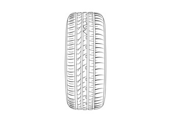 Car tire line art illustration with tread and rim detail isolated on white background.
black and white car tire vector line art outline graphic, detailed line art, minimalist tire icon,