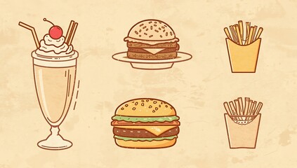 Hand drawn vintage style illustration of classic american fast food including burgers milkshakes and fries