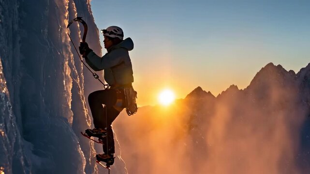 Woman ice climber ascending a frozen mountain face at sunset. Extreme winter sport adventure in snowy landscape.