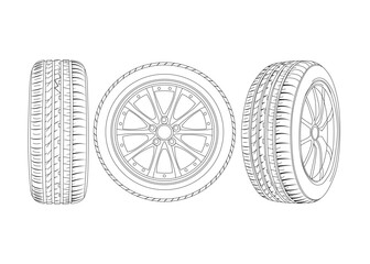Car tire line art illustration with tread and rim detail isolated on white background.
black and white car tire vector line art outline graphic, detailed line art, minimalist tire icon,