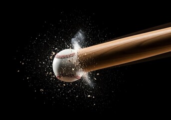 Baseball Bat Hitting Ball in Mid-Air with Debris.