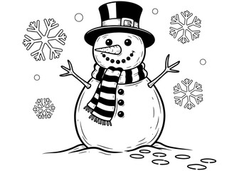 Happy snowman wearing a top hat and striped scarf. Black and white winter holiday illustration with snowflakes. Hand-drawn vector sketch.