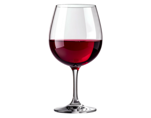 Rich red wine fills a clear glass with elegant stem on black