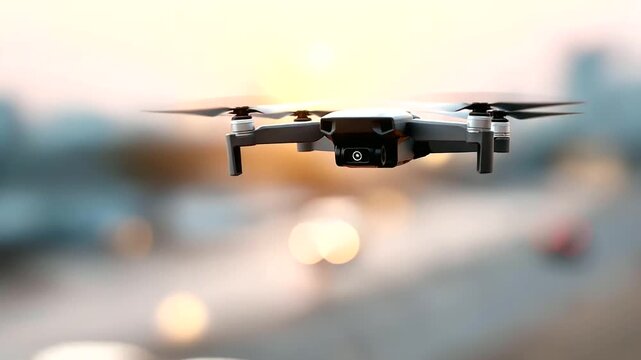 Drone hovering in air with defocused background blur, faceless UAV concept, aerial visualization detail, blurred atmospheric setting, surveillance symbol, technology interface, fli