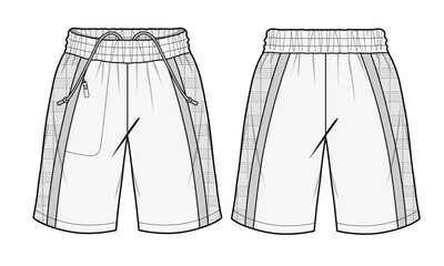 Womens beach shorts front and back view technical illustration vector mockup template.