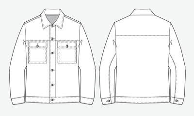 Oversized denim jacket front and back view mockup template vector design technical illustration.