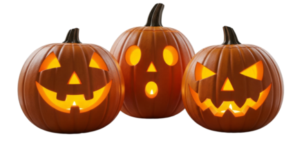 Spooky carved pumpkins halloween season holiday decorations on transparent background