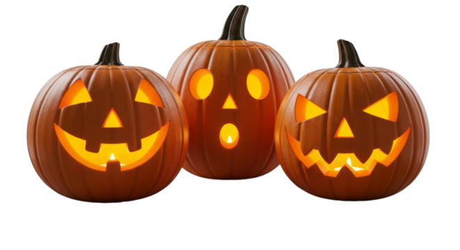 Spooky carved pumpkins halloween season holiday decorations on transparent background