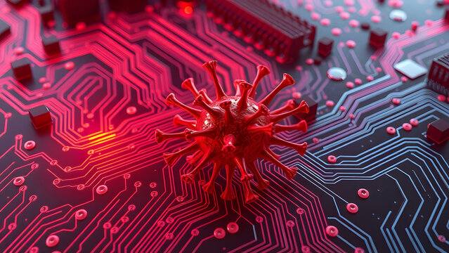 A red virus model on a circuit board with chips and red light effects