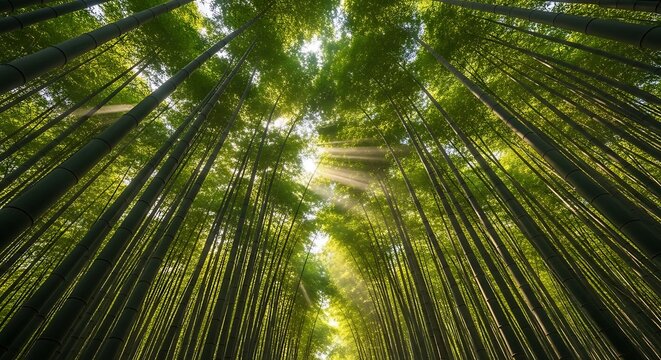 Sunlight streams through tall green bamboo forest canopy