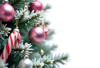 Festive Decorated Christmas Tree with Metallic Stars, Pearls, and Candy Canes, Bright White Background, Modern Holiday Design