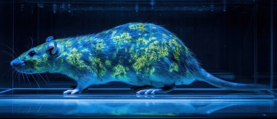 Disease rat under UV light with glowing patches in sterile lab