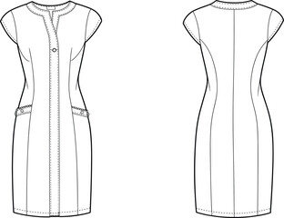 Elegant women’s short-sleeve sheath dress fashion flat sketch, front and back technical drawing, minimalist dress design template for apparel designers and pattern makers, vector outline