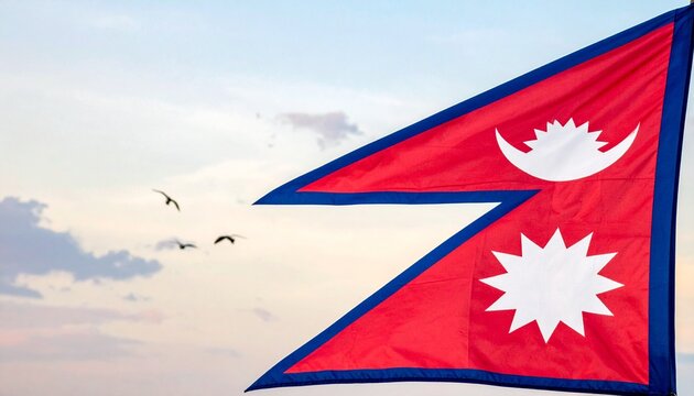 Nepal national flag with two stacked crimson triangles, blue border, white moon and sun symbols, on plain background.