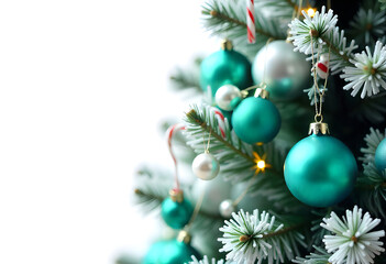 Christmas Tree with Colorful Ornaments, and Pearls, Snow-Dusted Flocked Branches on White Background, Festive Holiday Scene