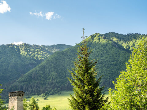 green mountains around Mestia town in Svaneti