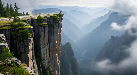 Majestic cliff overlooking misty mountain valley
