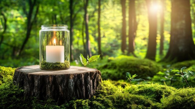 A glass jar candleholder sits on a tree stump amidst a lush forest floor.