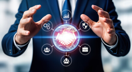 Businessman with glowing digital globe and business icons symbolizing global network, partnership, and technology in a futuristic concept