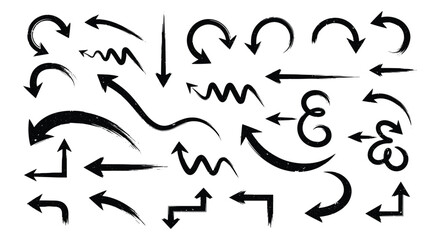 Grunge brush arrow collection. Bold hand-drawn arrows in artistic ink stroke style. Rough textured vector elements for design, direction, and decoration