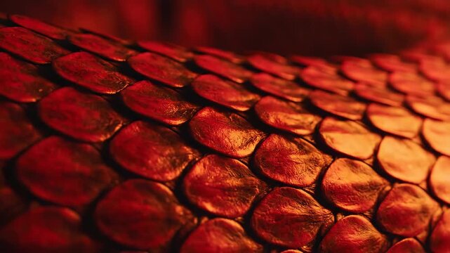 Vibrant close-up of a snake's glistening red skin, showcasing the intricate pattern and detailed texture of its scales under dramatic lighting