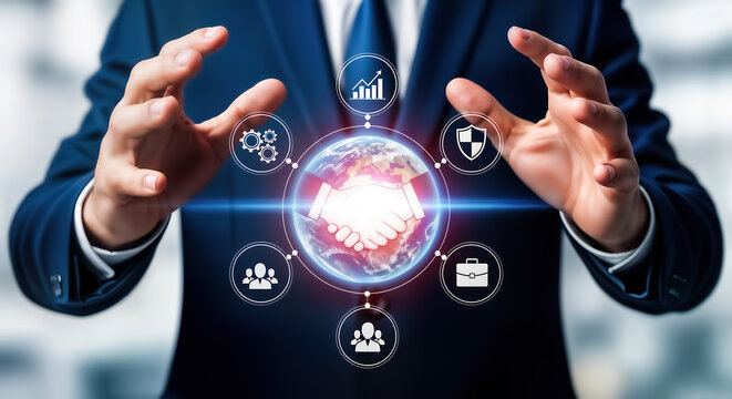 Businessman with glowing digital globe and business icons symbolizing global network, partnership, and technology in a futuristic concept