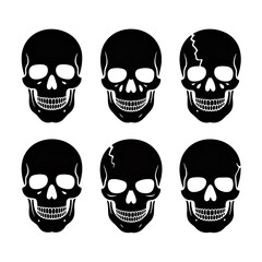 Six stylized skulls with subtle color accents