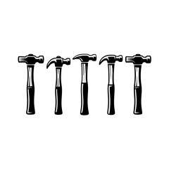 Five distinct hammers lined up for DIY or construction projects