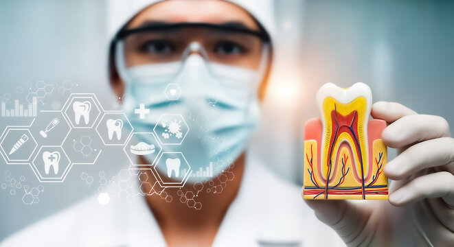 Dentist holding a model of a tooth with roots and nerves, with a futuristic dental healthcare interface overlay