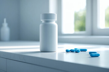 Bright morning light shines on a white pill bottle and blue capsules scattered on a clean countertop