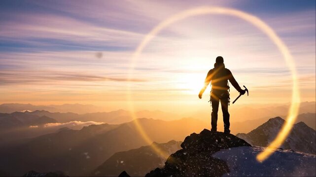 Man mountaineer with ice axe on sunny mountain peak, turning and celebrating accomplishment. Concept of success in extreme sport and adventure.