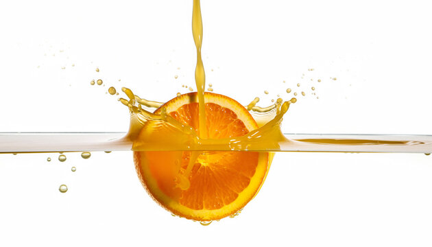 Dynamic action shot of a fresh half orange creating a crown splash in clear liquid with juice pouring from above
