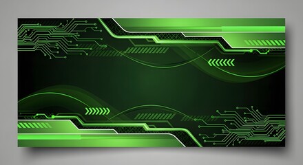 Abstract futuristic digital technology background with glowing green circuit board patterns and lines.