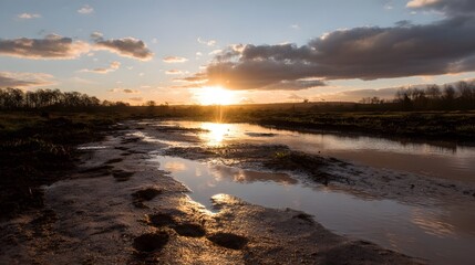 Obraz premium Golden sunset light streams across a muddy rural landscape illuminating footprints and reflections in puddles under a dramatic sky