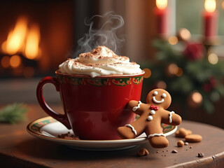 Warm cup of holiday cheer with whipped cream and gingerbread by the cozy fireplace
