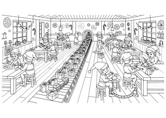 Busy elves in Santa's workshop. Christmas scene with toy making and presents on a conveyor belt. Line art vector for coloring page.