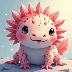 Charming little creature with colorful features sits playfully on a rock in a serene and magical setting