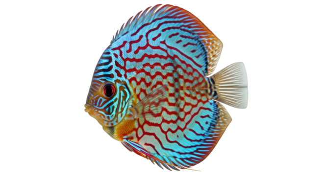 Isolated blue discus fish with red stripes, majestic, colorful, exotic tropical beauty