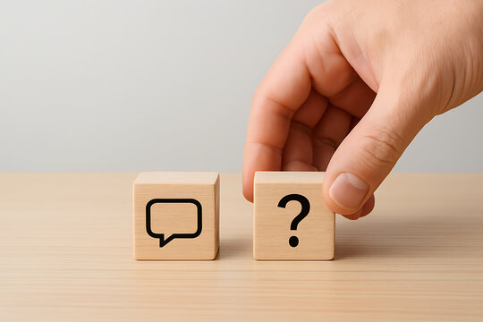 Hand placing a wooden block with a question mark next to a speech bubble icon, symbolizing communication, customer service, support, and seeking answers or feedback