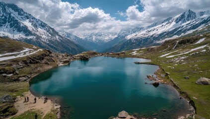 Obraz premium High-angle view of a glacial lake nestled between snow-capped mountains under a cloudy sky